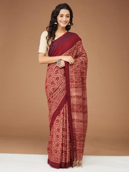 Fabindia - Beige Cotton Kalamkari Print Saree Without Blouse