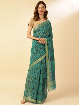 Fabindia - Teal Silk Kalamkari Print Saree Without Blouse