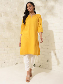 Fabindia - Yellow Cotton Knee Length Regular Fit Solid Round Neck Kurta