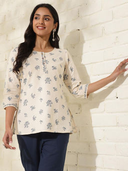 Fabindia - Cream Cotton Slim Fit Hand Block Print Round Neck Kurti