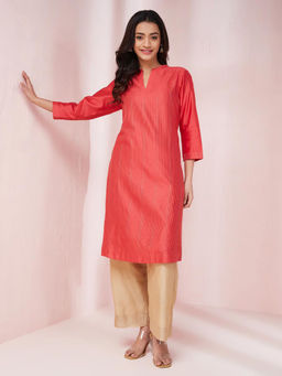 Fabindia - Carrot Pink Cotton Silk Regular Fit Striped Mandarin Collar Kurta