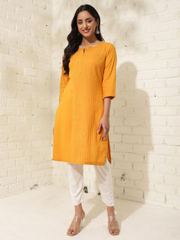 Fabindia - Mustard Cotton Knee Length Regular Fit Striped Round Neck Kurta