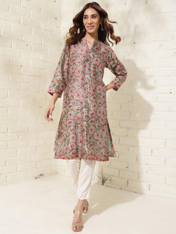 Fabindia - Multi-Color Cotton Silk Regular Fit Floral Print Mandarin Collar Kurta