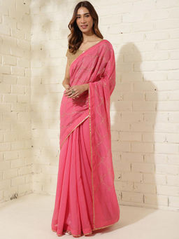 Fabindia - Pink Cotton Silk Metallic Embroideries Saree Without Blouse