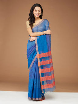 Fabindia - Blue Cotton Silk Hand Woven Saree Without Blouse
