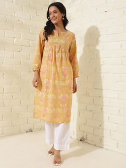 Fabindia - Yellow Cotton Slim Fit Floral Print Round Neck Kurta