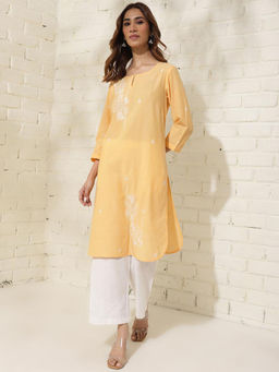 Fabindia - Yellow Cotton Regular Fit Embroidery Chikankari Round Neck Kurta