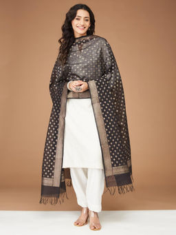 Fabindia - Black Cotton Silk Blend Woven Dupatta