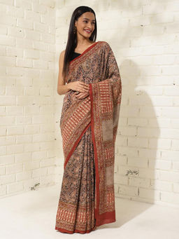 Fabindia - Black Maroon Cotton Kalamkari Print Saree Without Blouse