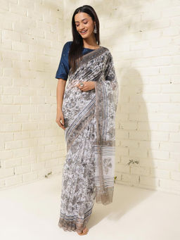 Fabindia - Navy Cotton Silk Floral Print Saree Without Blouse