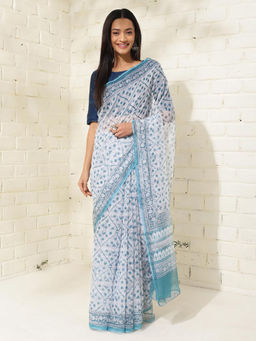 Fabindia - Blue Cotton Silk Floral Print Saree Without Blouse