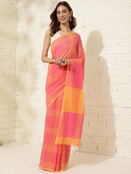 Fabindia - Pink Cotton Hand Woven Saree Without Blouse
