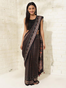 Fabindia - Black Viscose Ajrakh Print Saree Without Blouse