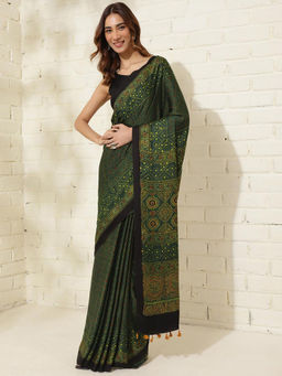 Fabindia - Green Viscose Ajrakh Print Saree Without Blouse