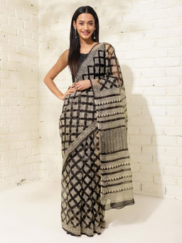 Fabindia - Black Cotton Silk Bagru Print Saree Without Blouse
