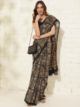 Fabindia - Black Cotton Silk Floral Print Saree Without Blouse