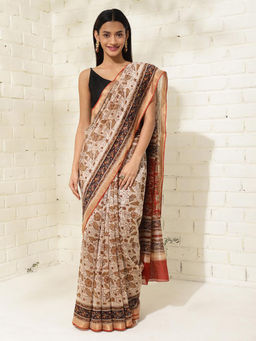 Fabindia - Beige Cotton Silk Floral Print Saree Without Blouse