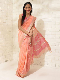 Fabindia - Peach Cotton Silk Blend Maheshwari Saree Without Blouse