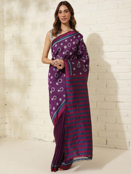 Fabindia - Purple Silk Polka Dot Print Saree Without Blouse