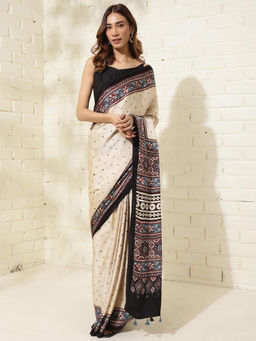 Fabindia - Beige Viscose Ajrakh Print Saree Without Blouse