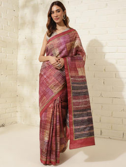 Fabindia - Maroon Silk Printed Saree Without Blouse