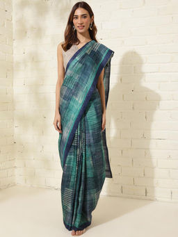 Fabindia - Navy Blue Silk Printed Saree Without Blouse
