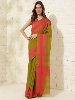 Fabindia - Lime Green Cotton Hand Woven Saree Without Blouse
