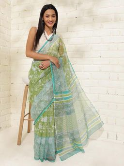 Fabindia - Lime Green Cotton Silk Floral Print Saree Without Blouse