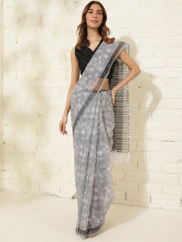 Fabindia - Grey Cotton Silk Floral Print Saree Without Blouse