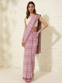 Fabindia - Lavender Cotton Silk Floral Print Saree Without Blouse