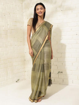 Fabindia - Green Grey Silk Checks Print Saree Without Blouse