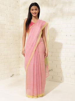 Fabindia - Pink Cotton Silk Hand Block Print Saree Without Blouse