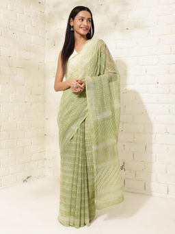 Fabindia - Green Cotton Silk Hand Block Print Saree Without Blouse