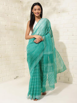 Fabindia - Turquoise Cotton Silk Hand Block Print Saree Without Blouse