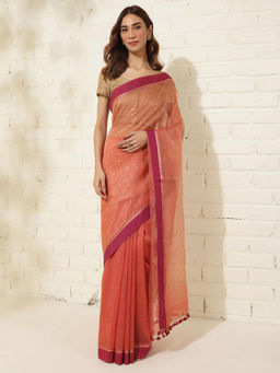 Fabindia - Soft Peach Linen Blend Hand Woven Saree Without Blouse