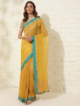 Fabindia - Yellow Linen Blend Hand Woven Saree Without Blouse