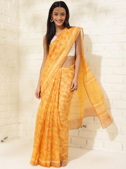 Fabindia - Yellow Silk Floral Print Saree Without Blouse
