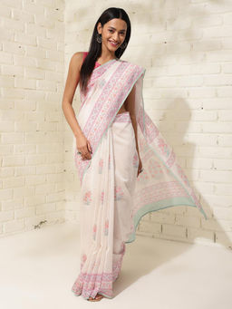Fabindia - Natural and Pink Cotton Silk Floral Print Saree Without Blouse