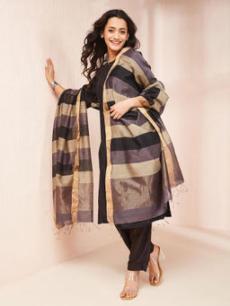 Fabindia - Black Linen Blend Stripes Printed Dupatta