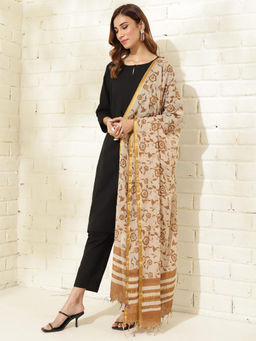 Fabindia - Beige Cotton Floral Print Dupatta