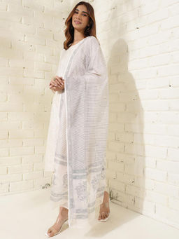 Fabindia - White Grey Cotton Silk Hand Block Print Dupatta