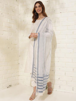 Fabindia - White Blue Cotton Silk Hand Block Print Dupatta