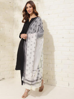 Fabindia - White Black Cotton Silk Hand Block Print Dupatta