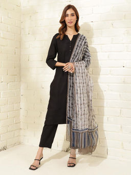 Fabindia - Natural Black Cotton Silk Floral Printed Dupatta