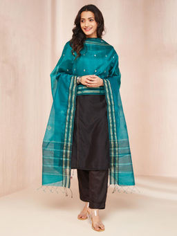 Fabindia - Turquoise Cotton Silk Blend Chanderi Woven Dupatta