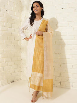 Fabindia - Yellow Silk Colorblock Hand Woven Dupatta