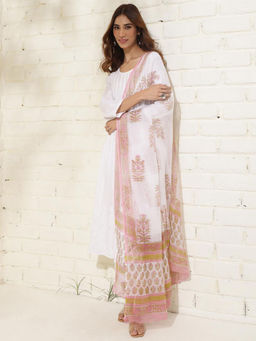 Fabindia - Natural Pink Cotton Silk Floral Print Dupatta