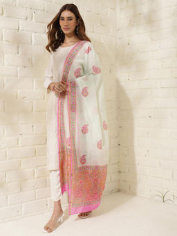 Fabindia - White Pink Cotton Silk Hand Block Print Dupatta