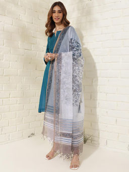 Fabindia - Blue White Cotton Silk Floral Print Dupatta