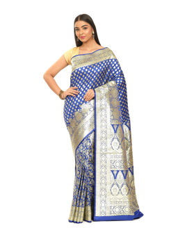 Banarasi Silk Works - Women Blue Satin Saree with Unstitched Blouse
